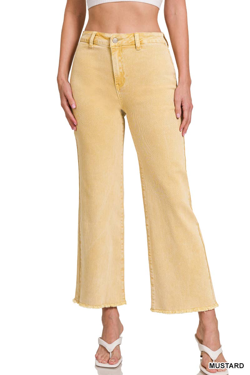 Zenana Frayed Hem Straight Wide Jeans - Mustard