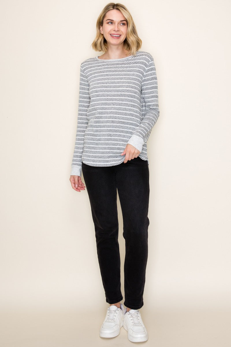 Textured Stripe Pullover Knit Top - Light Grey