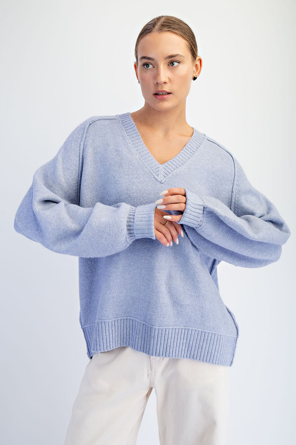 Oversized V-Neck Sweater - Baby Blue
