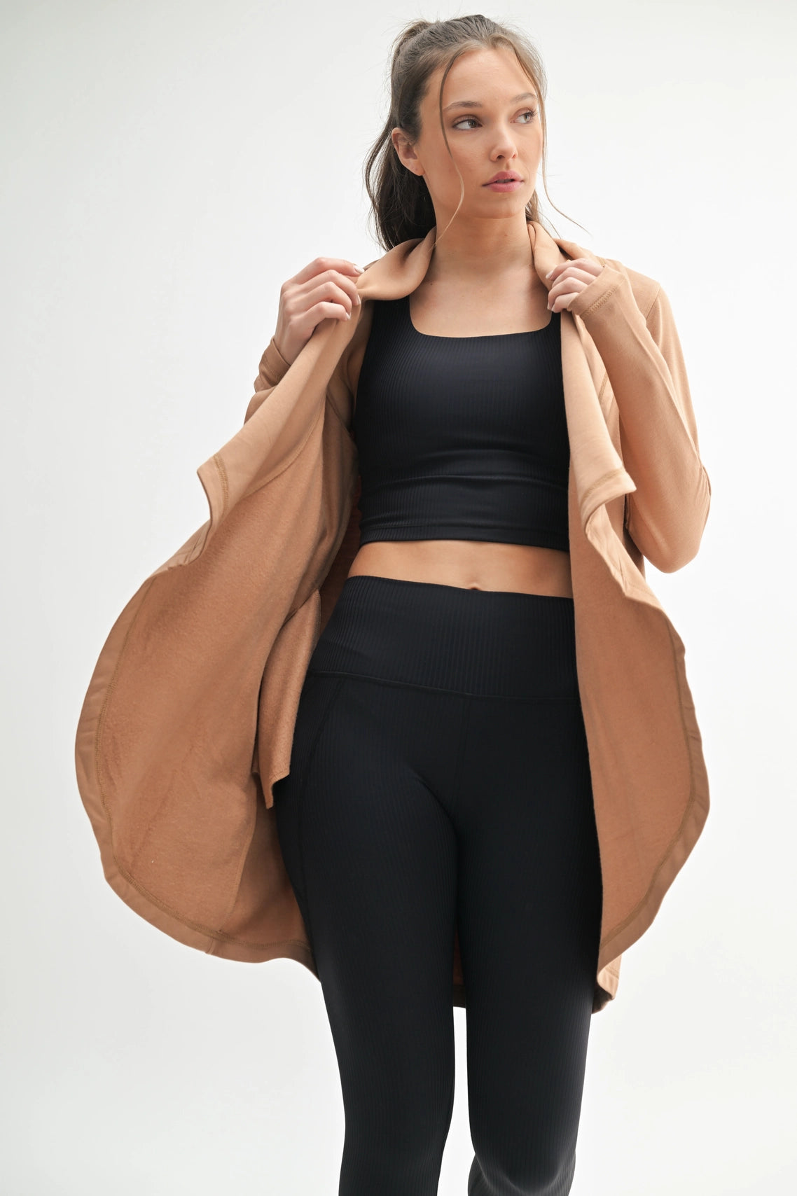 Fleece Lined Flowy Open Cardigan - Mocha