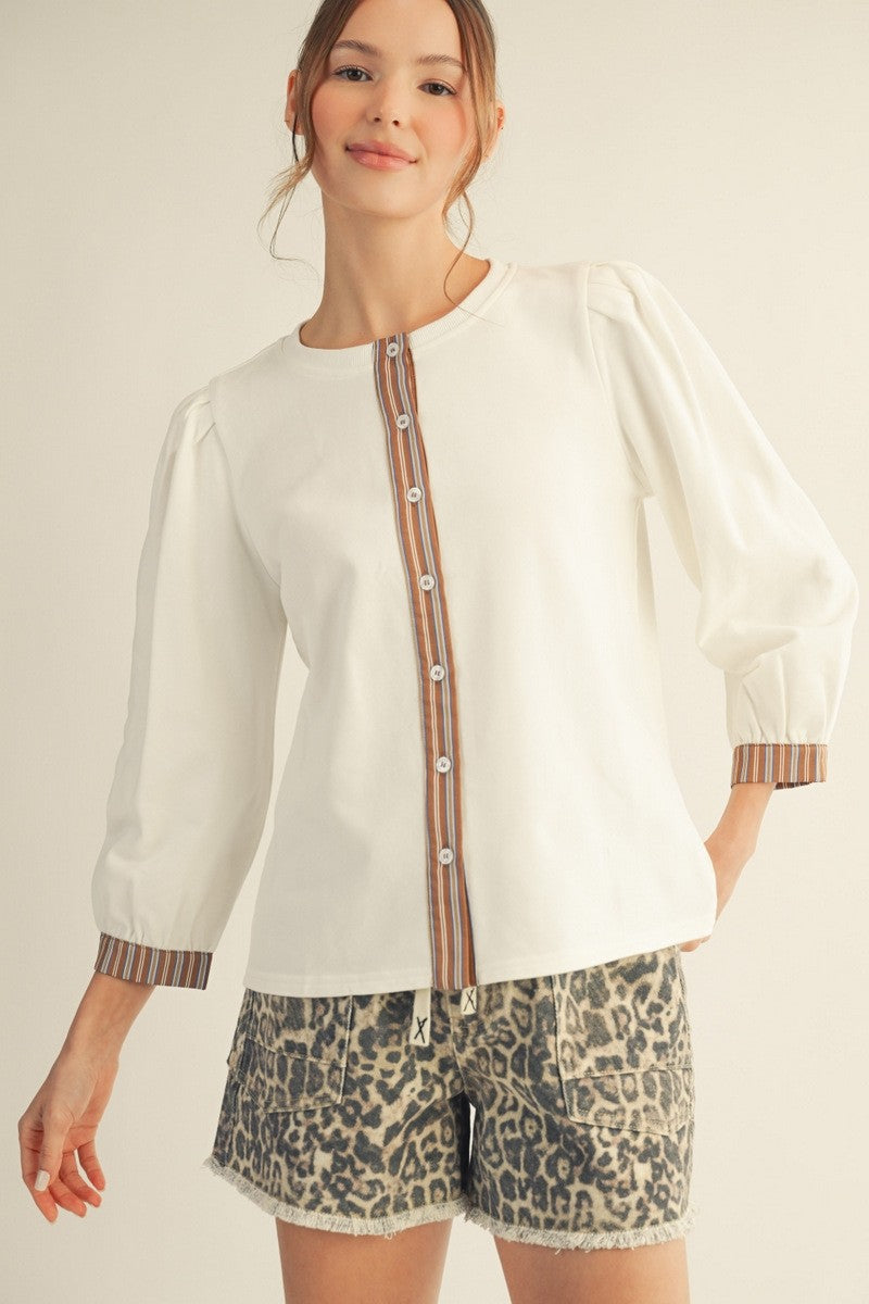 Pleated Puff Shoulder Button Down Top - Off White