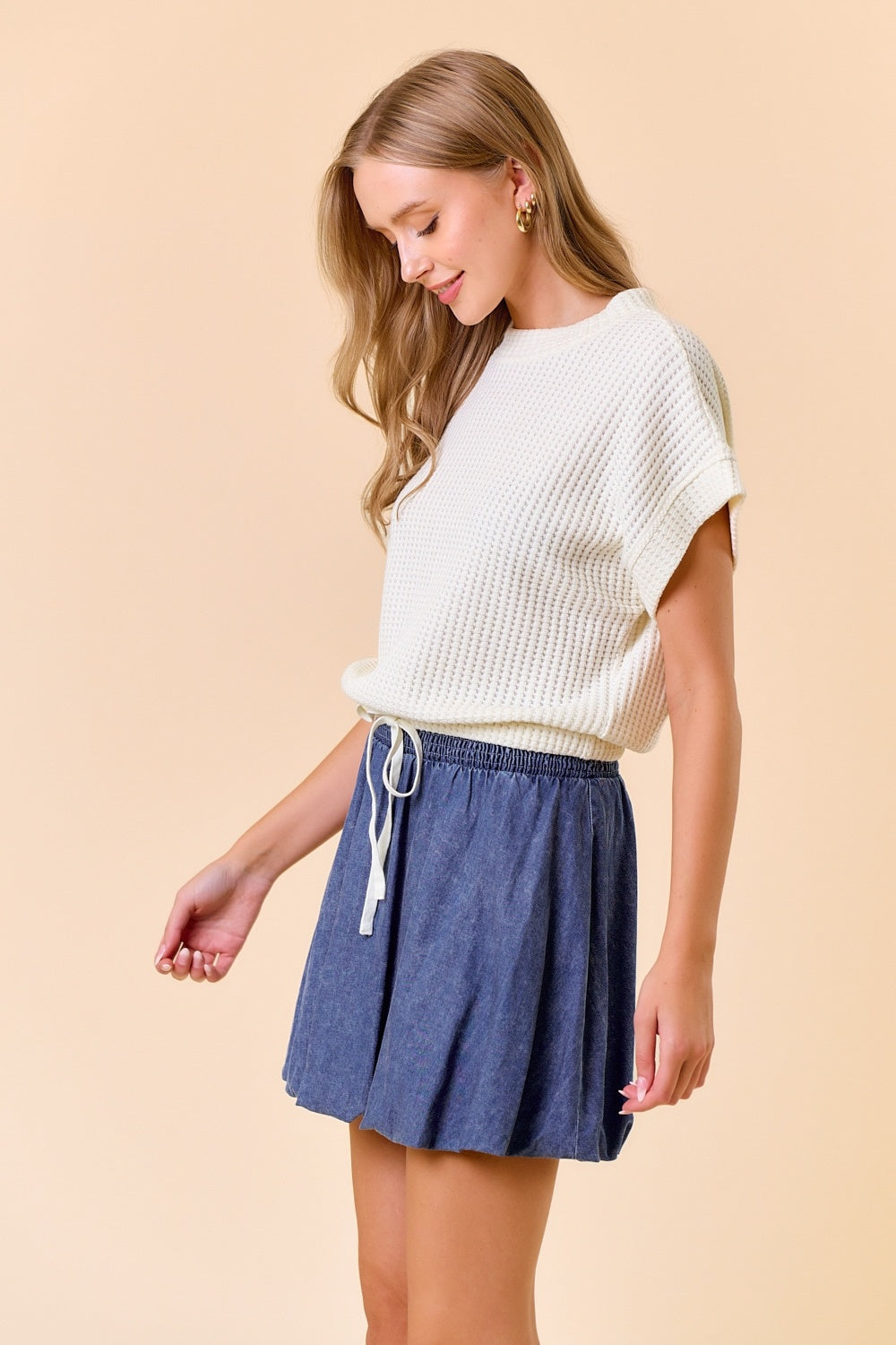 Cotton Waffle Dolman Sleeve Drawstring Hem Top