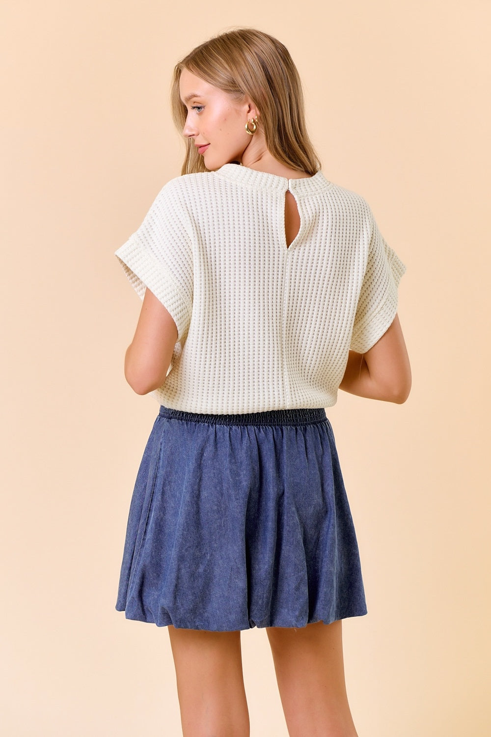 Cotton Waffle Dolman Sleeve Drawstring Hem Top