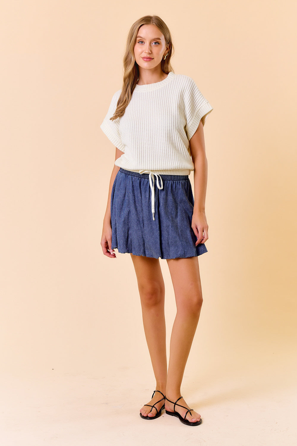 Cotton Waffle Dolman Sleeve Drawstring Hem Top