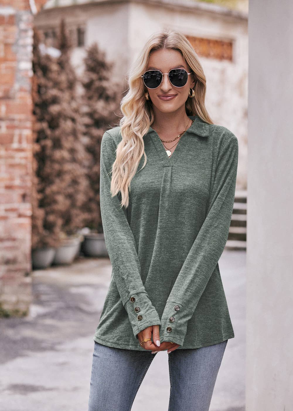 Heathered Knit Collared V Neck Long Sleeve Top - Green