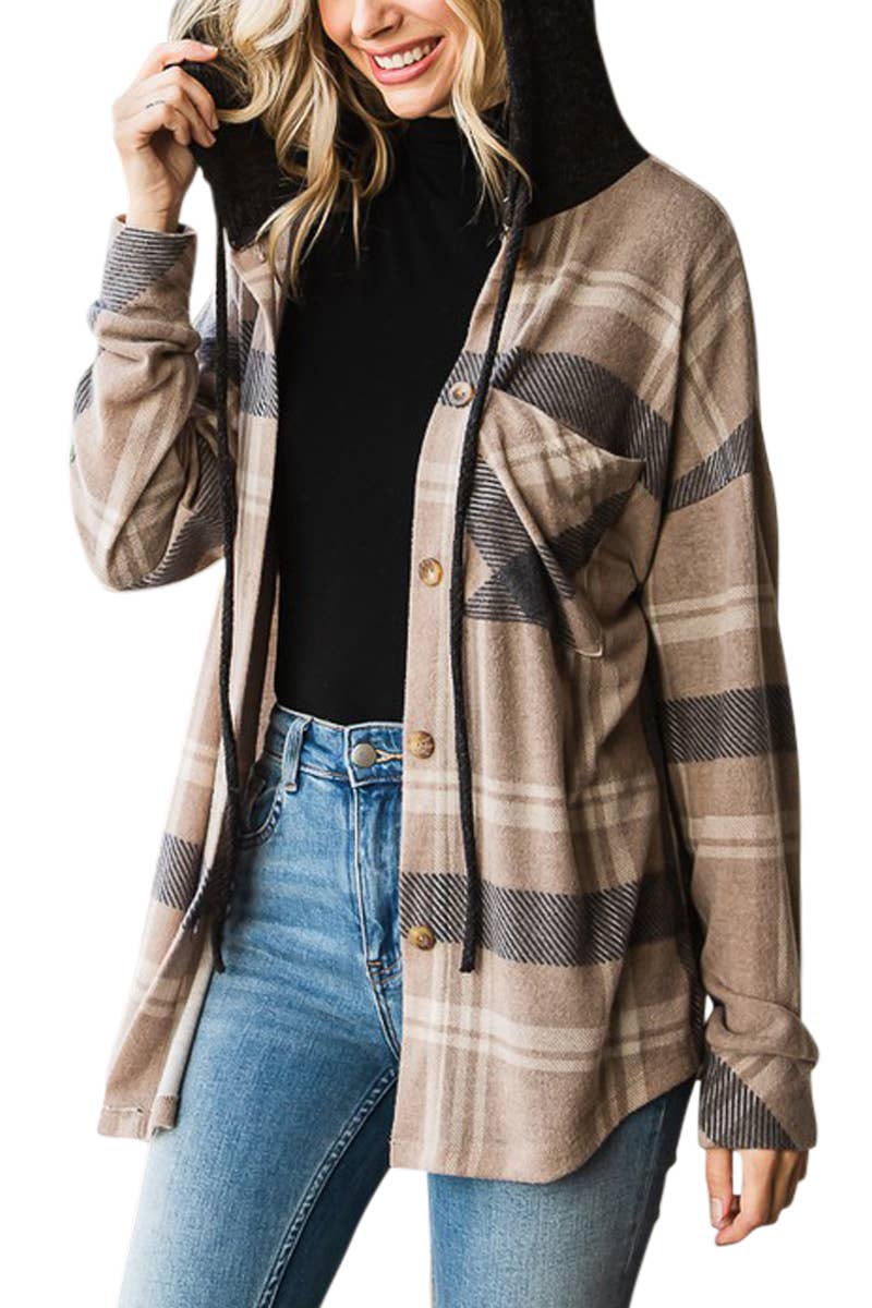 Light Neutral Plaid Hooded Button Down