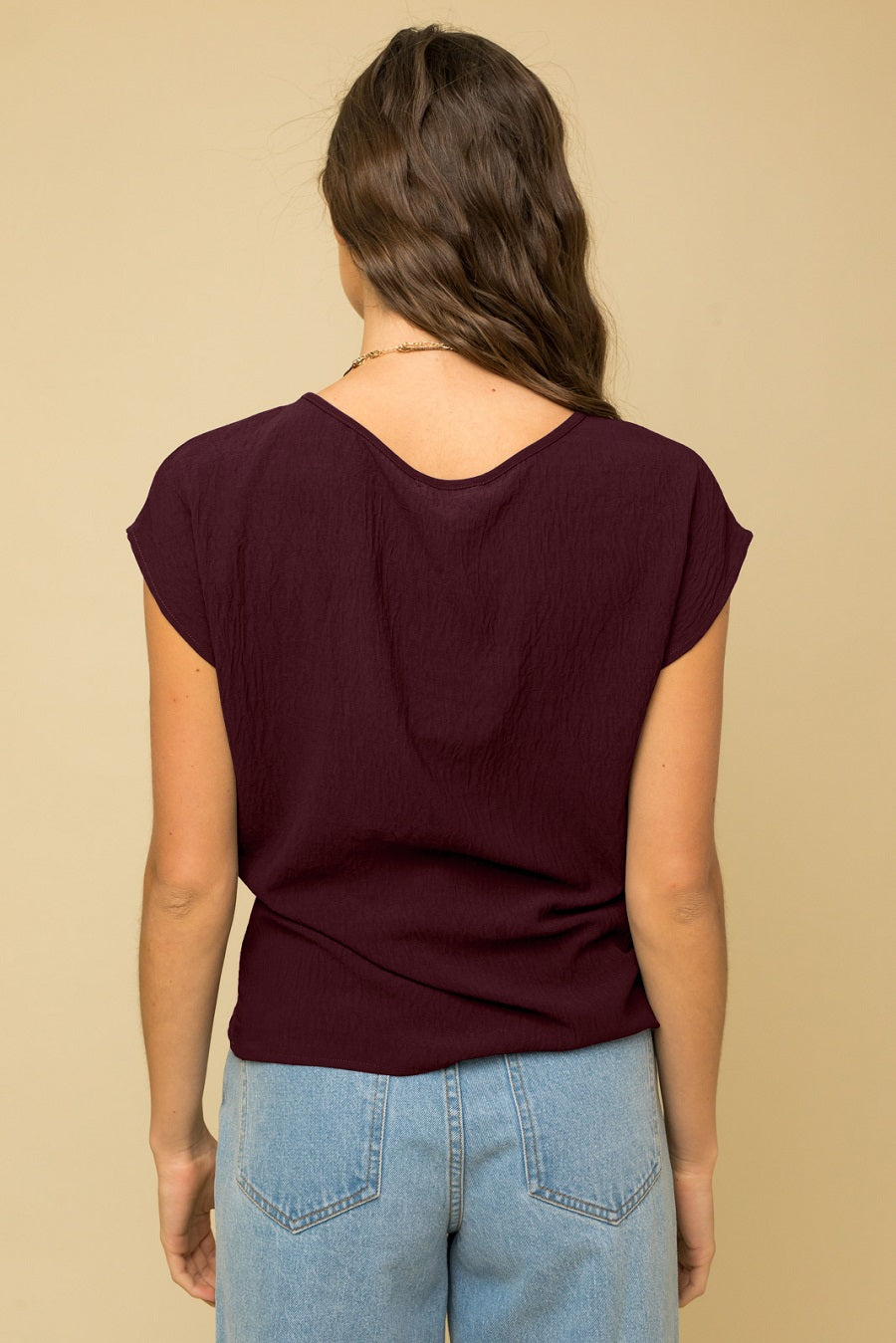 Raisin Solid Woven Tee with Front Knot Detail
