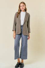 Olive Shirred Sleeve Textured Blazer