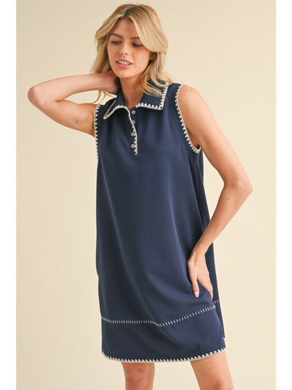 Navy Stitched Detailing Sleeveless Dress