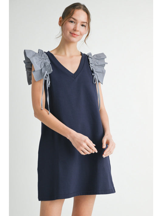 Navy Ruffle Shoulder with Tie Dress