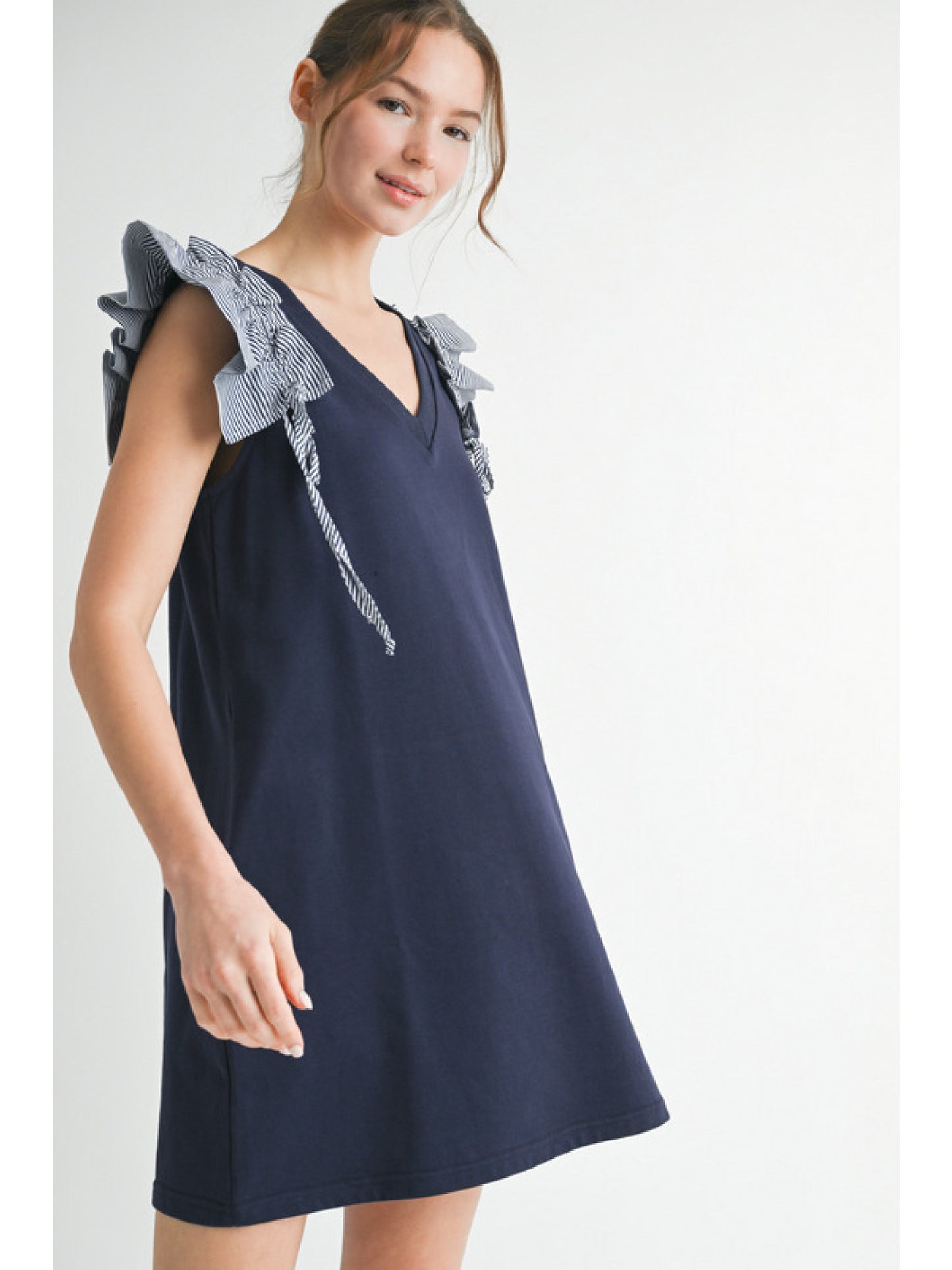 Navy Ruffle Shoulder with Tie Dress