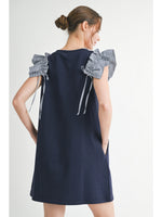 Navy Ruffle Shoulder with Tie Dress