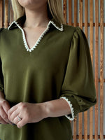 Collared Scallop Accent Trim Blouse - Olive