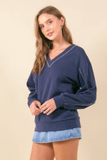 French Terry V-Neckline Oversized Sweatshirt - NAVY