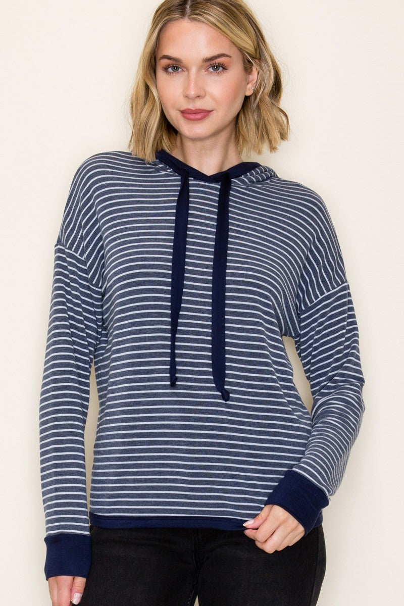 Striped French Terry Hoodie Top - Navy