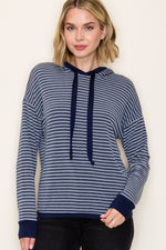 Striped French Terry Hoodie Top - Navy
