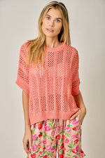 Crochet Short Sleeve Sweater - Coral