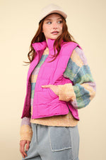 Solid Puffer Padded Warm Vest: Fuchsia