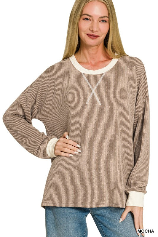 Ribbed LS with Contrast Trim: Mocha