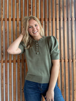 Short Puff Sleeve Ruffled Neck Sweater: Olive