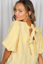 V-Back 2 Bow Accent Feminine Plaid Blouse Top - Yellow