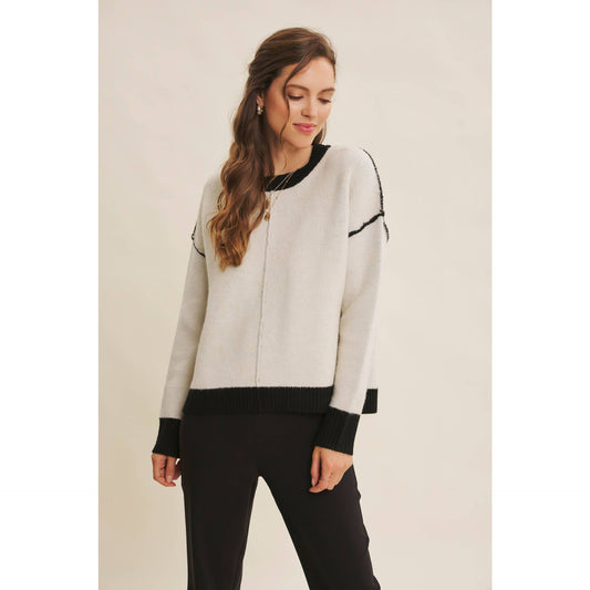 Soft Round Neck and Contrast Detail Sweater - Cream/Black