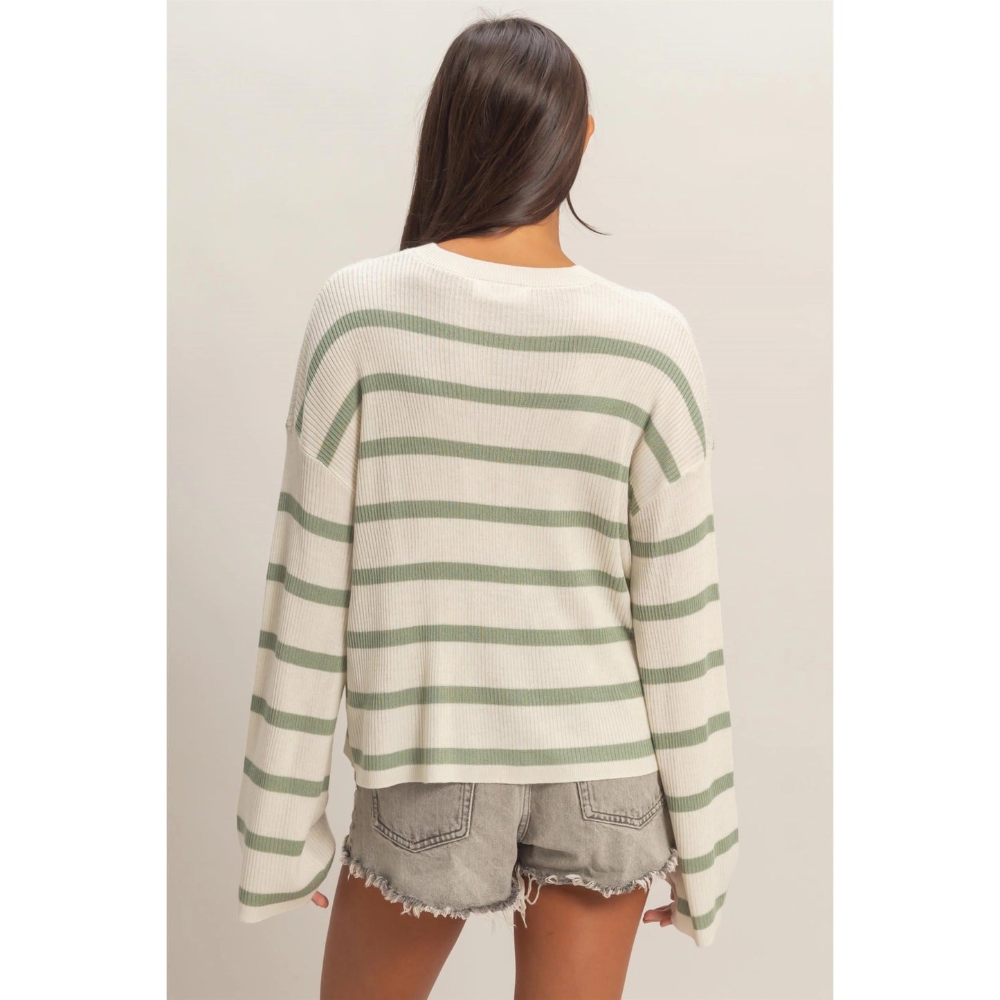 Lightweight Wide-Sleeve Striped Sweater - Sage Green