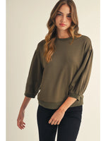 Solid 3/4 Peasant Sleeves Top - Olive