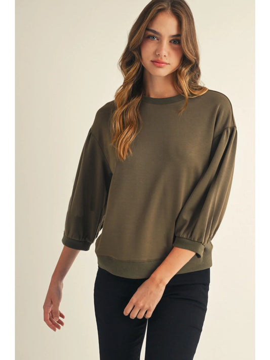 Solid 3/4 Peasant Sleeves Top - Olive