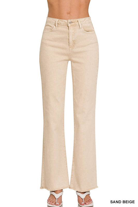 Acid Wash Frayed Cutoff Straight Wide Jeans - Sand Beige