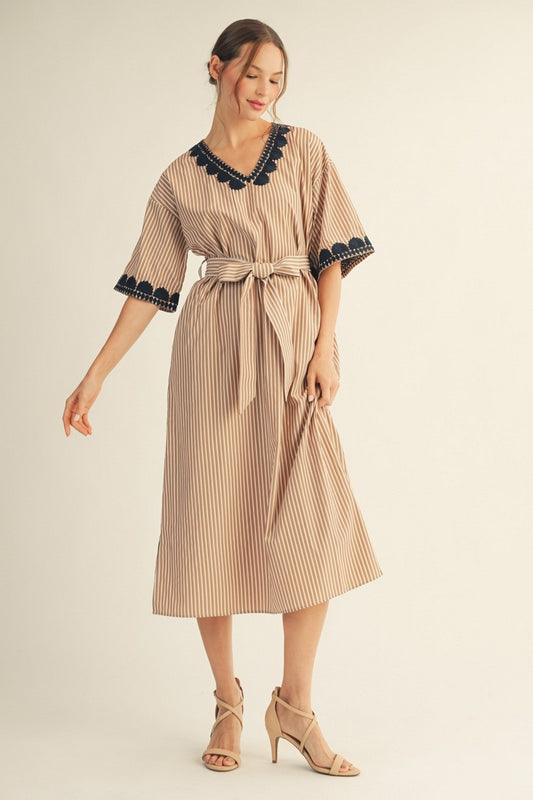 Embroidery Accent Stripe Midi Dress - Mocha Mousse