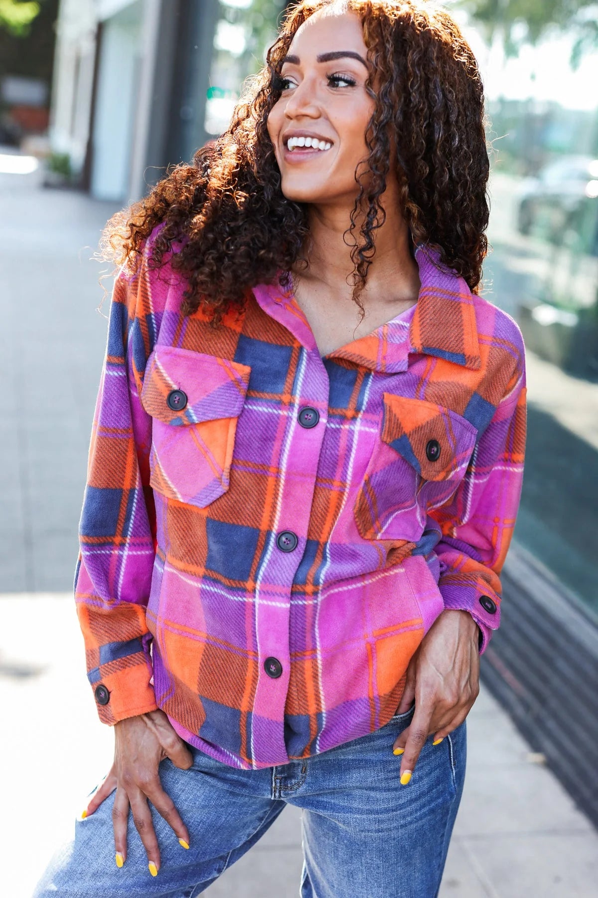 Magenta & Orange Plaid Fleece Shacket