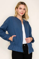 Blue Sky Ruffle Bomber Jacket