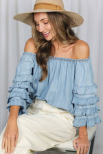 Off The Shoulder 4Tiers Ruffle Sleeve Chambray Top