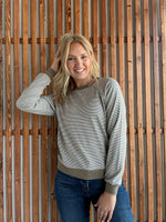 Crew Neck Pinstriped Top- Taupe