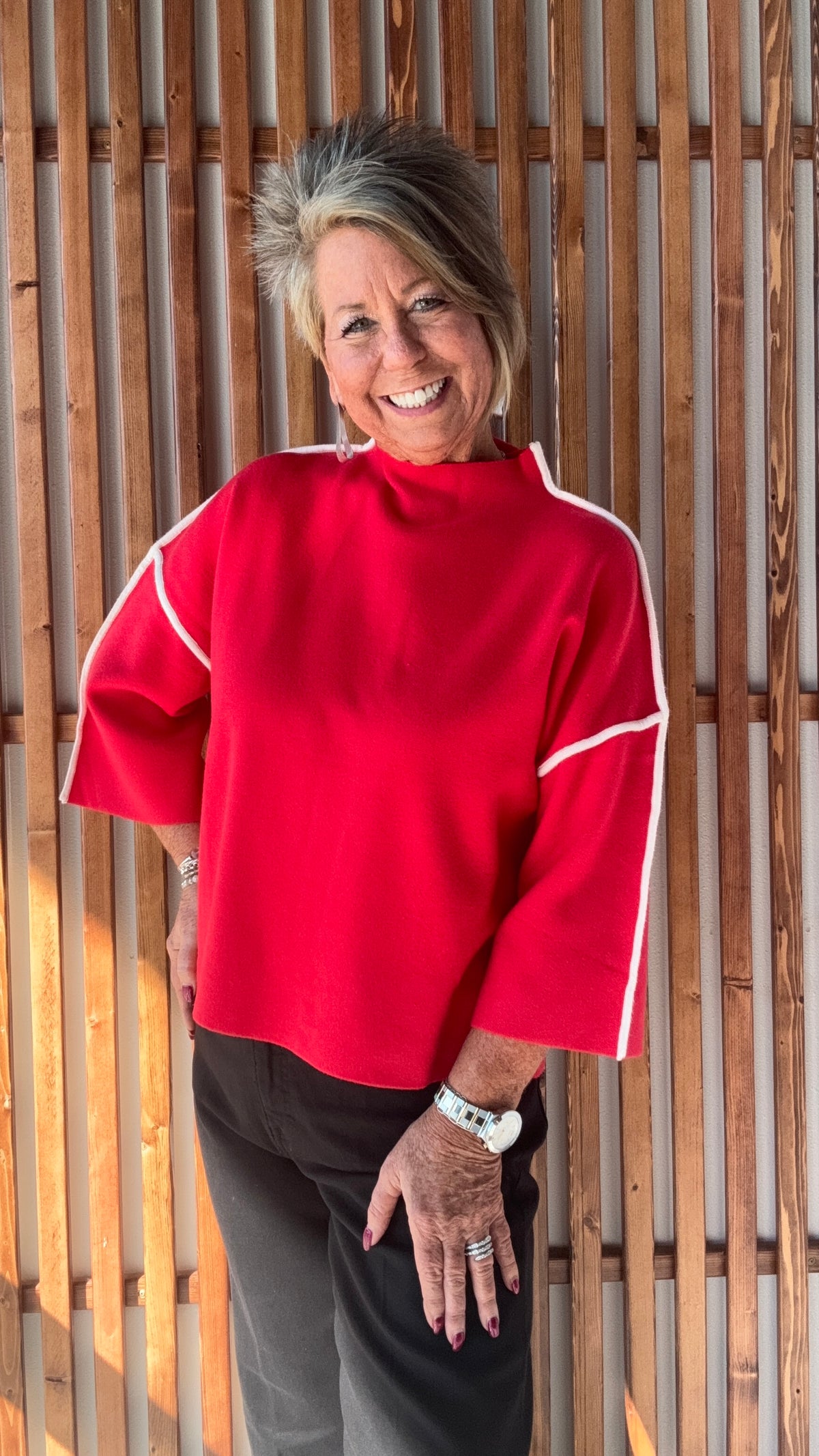 Mock Neck Sweater: Red with White Piping