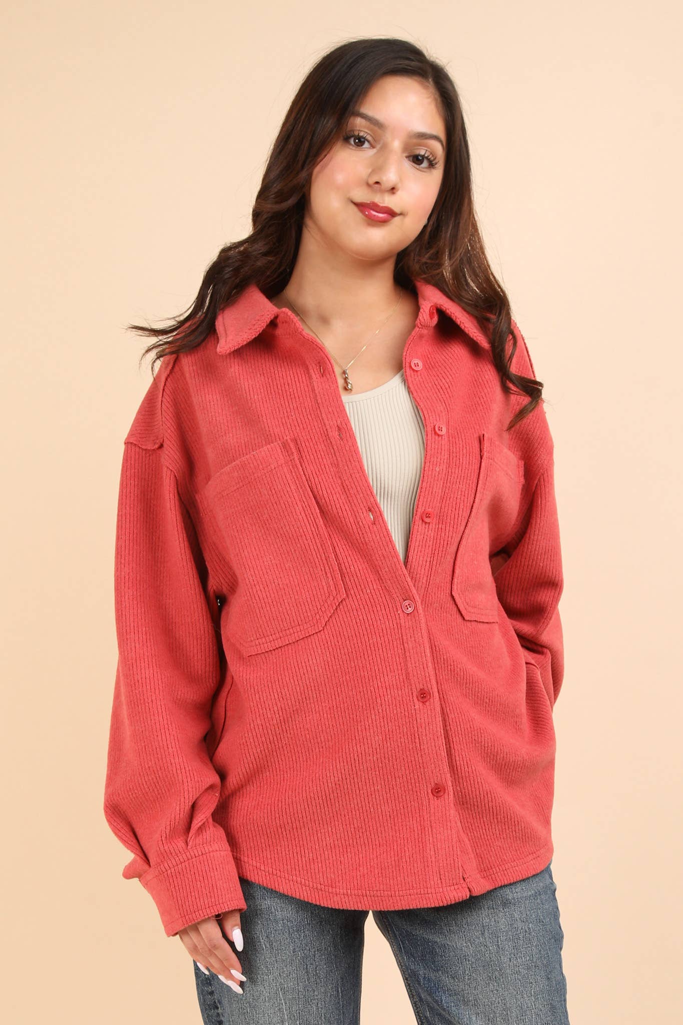 Oversized Cozy Button Down Shacket - Rose