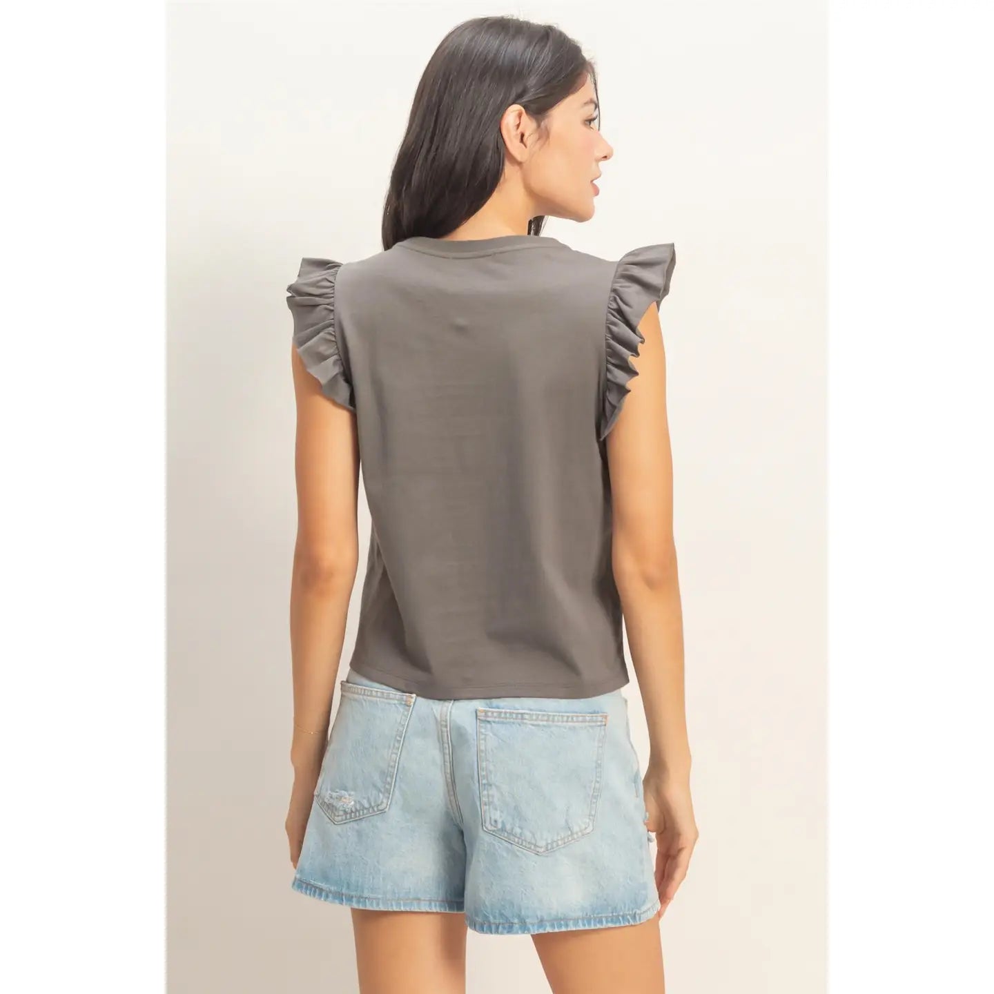 Ruffle Cap Sleeve Crew Neck Top - Charcoal