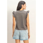Ruffle Cap Sleeve Crew Neck Top - Charcoal