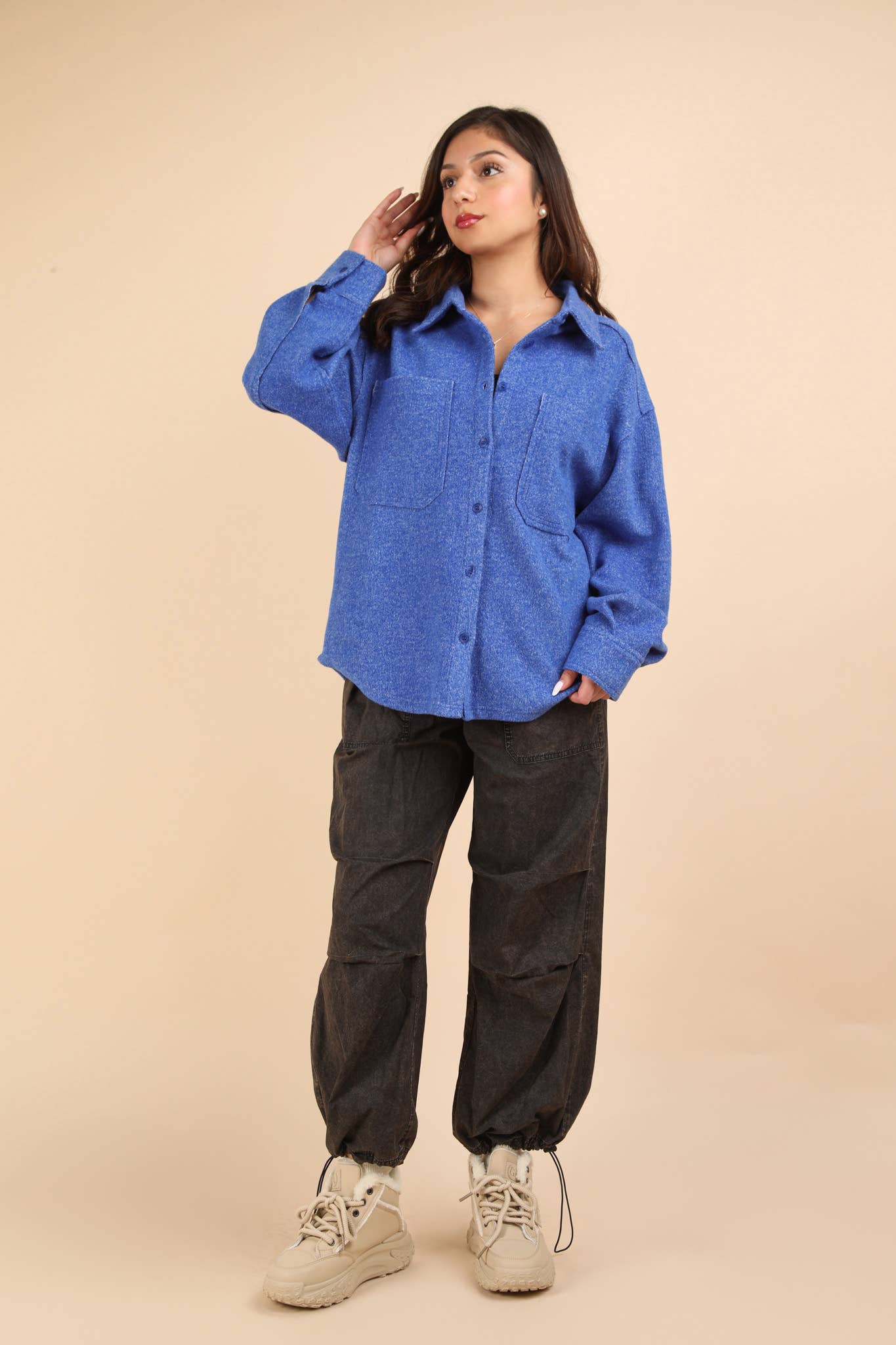 Oversized Cozy Button Down Shacket - Blue