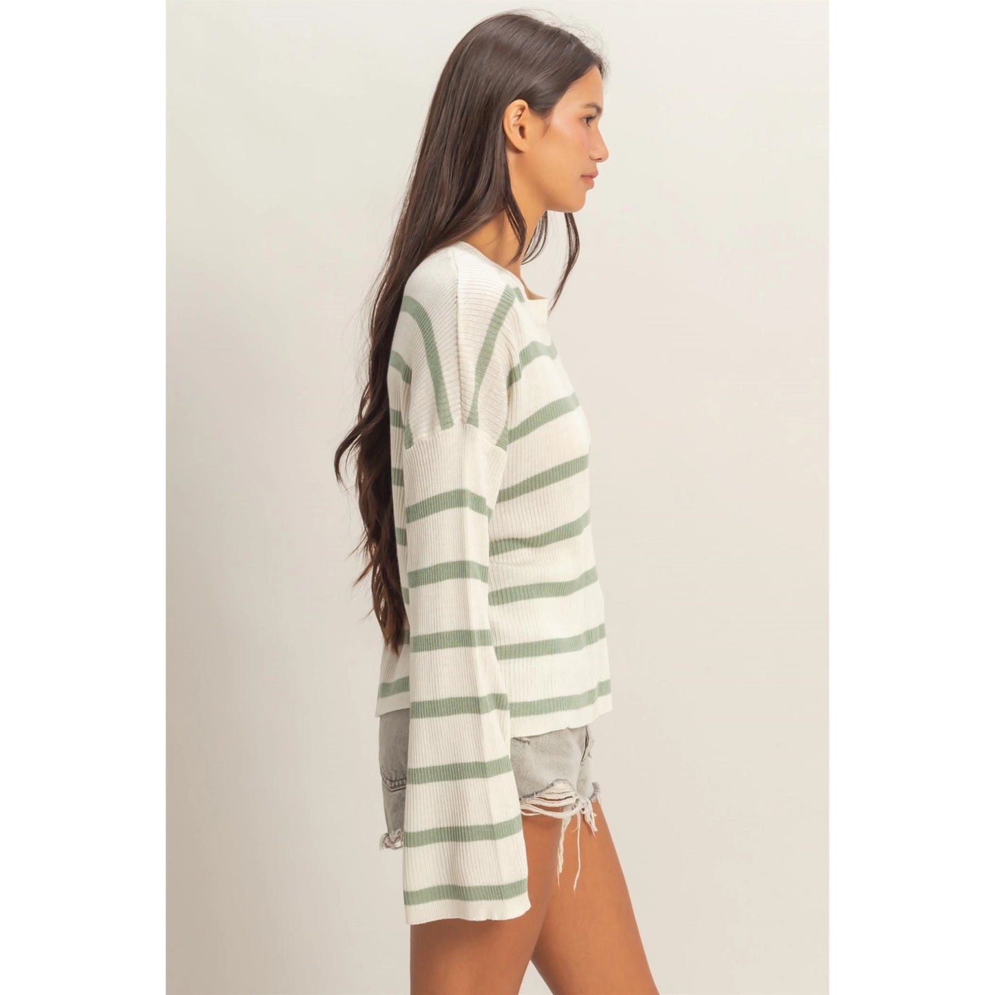 Lightweight Wide-Sleeve Striped Sweater - Sage Green