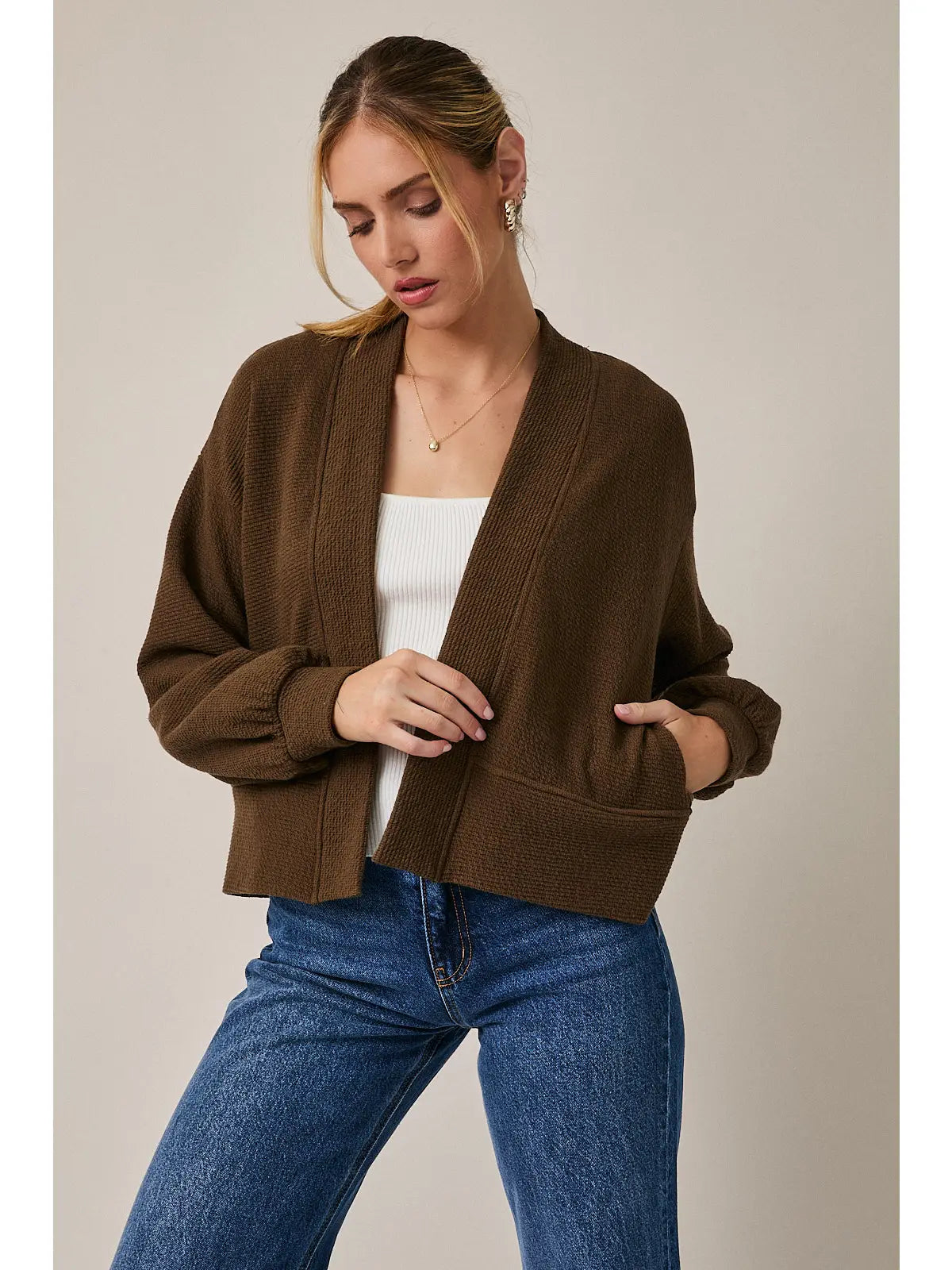 Long Sleeve Cropped Cardigan - Brown