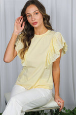 Scalloped Eyelet Lace Flutter Sleeve Cotton Top - Yellow