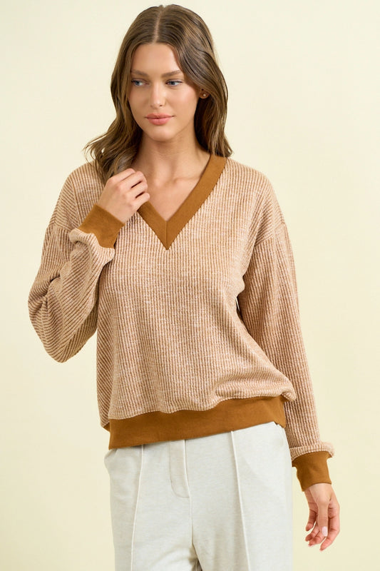 Oversized Vertical Stripe Two-Tone Ribbed Top - Camel