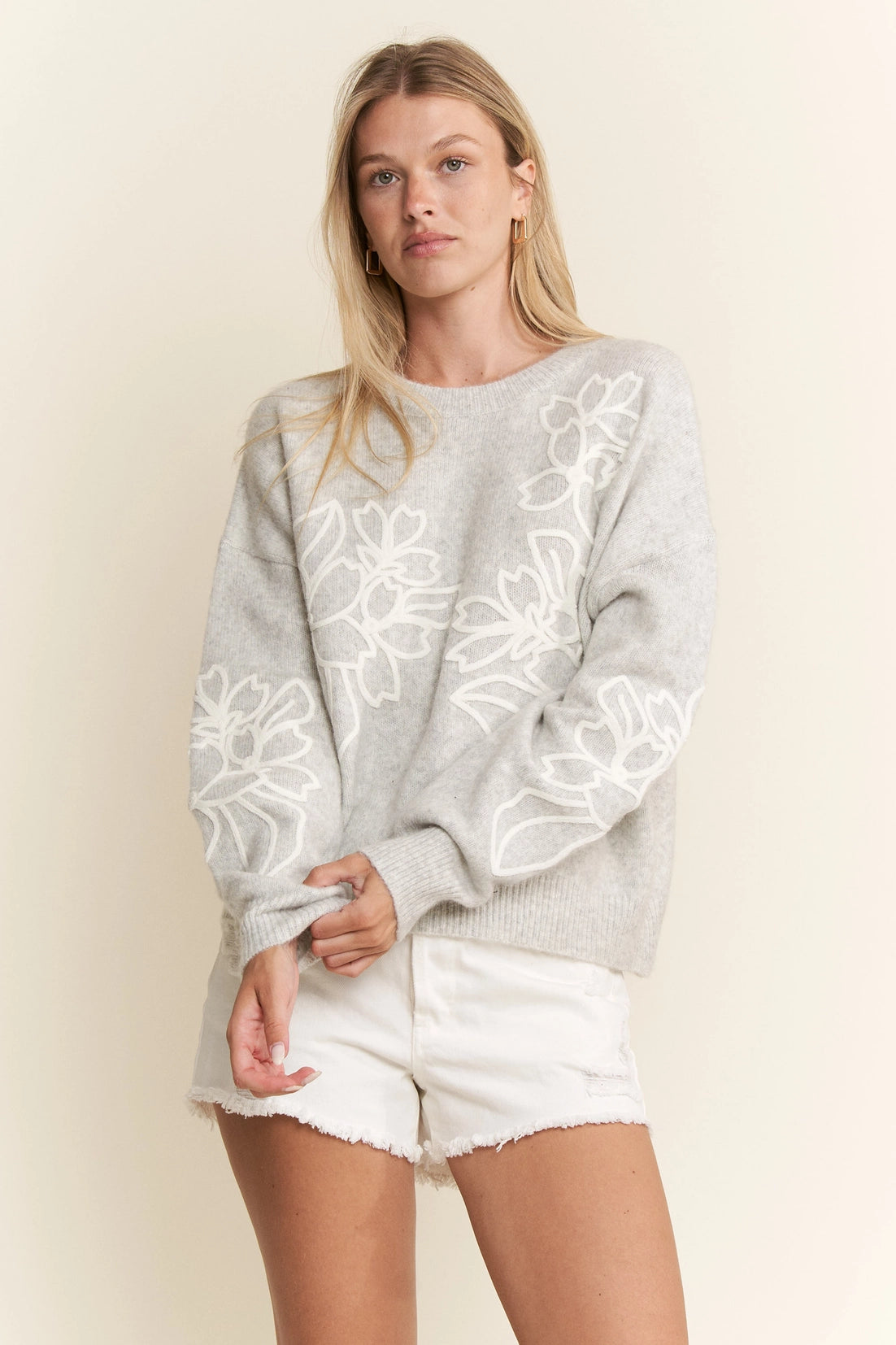 Floral Embroidered Knit Sweater - Grey