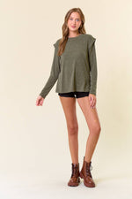 Soft Knit Banded Long Sleeve Top - OLIVE