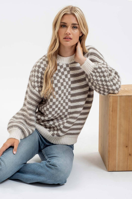 Stripe and Checkered Crewneck Knit Sweater: Olive