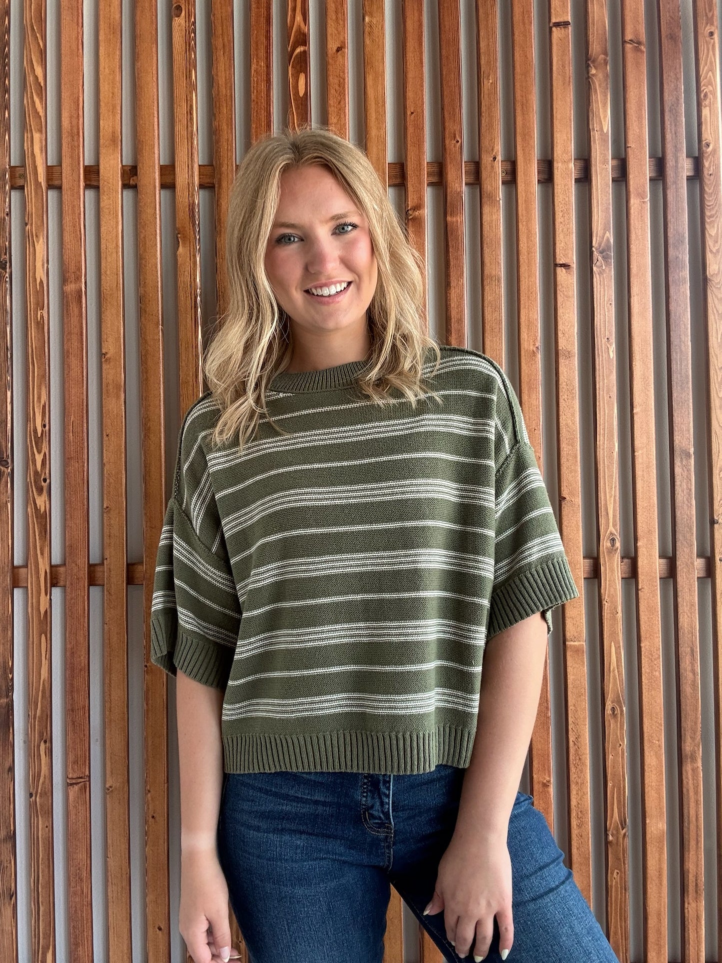 Striped Drop Sleeve in Olive/Cream