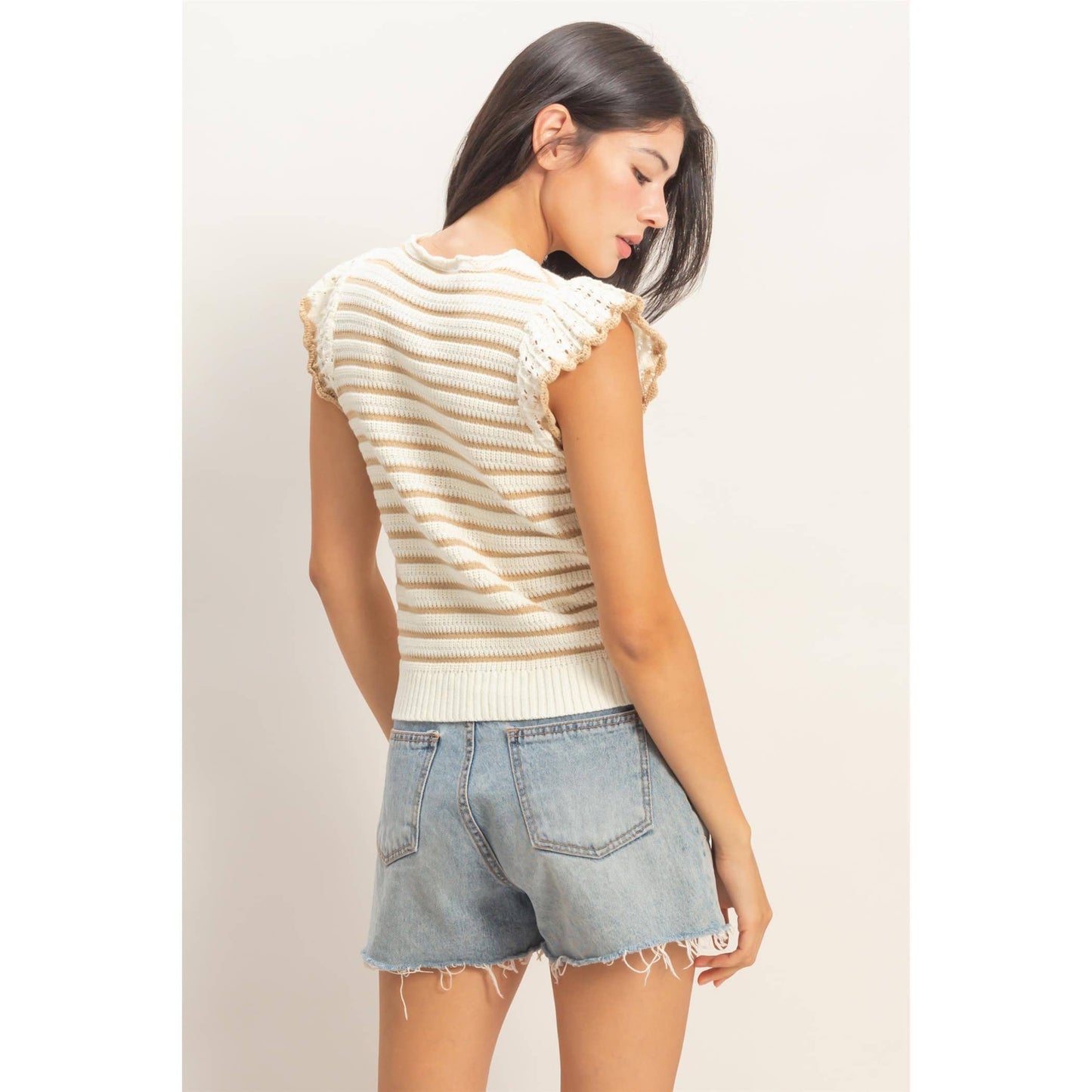 Scalloped Striped Ruffle Sleeve Top - Taupe