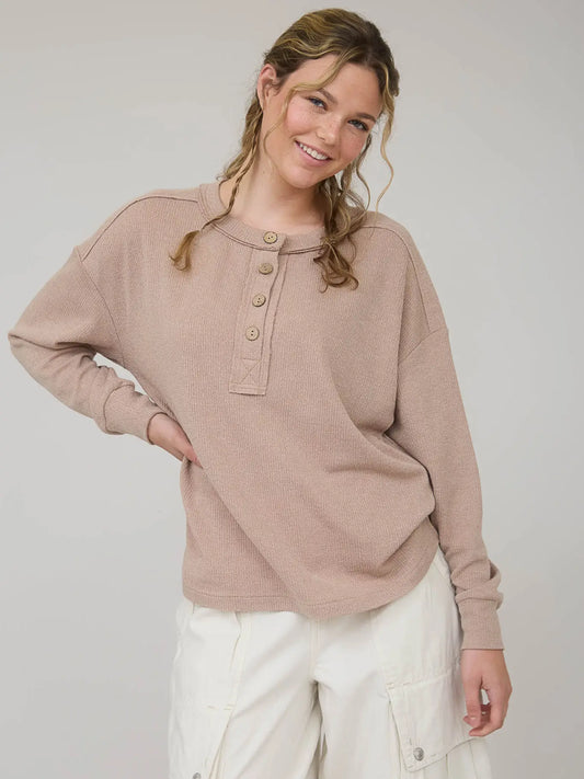 Ribbed Henley Long Sleeve - Khaki